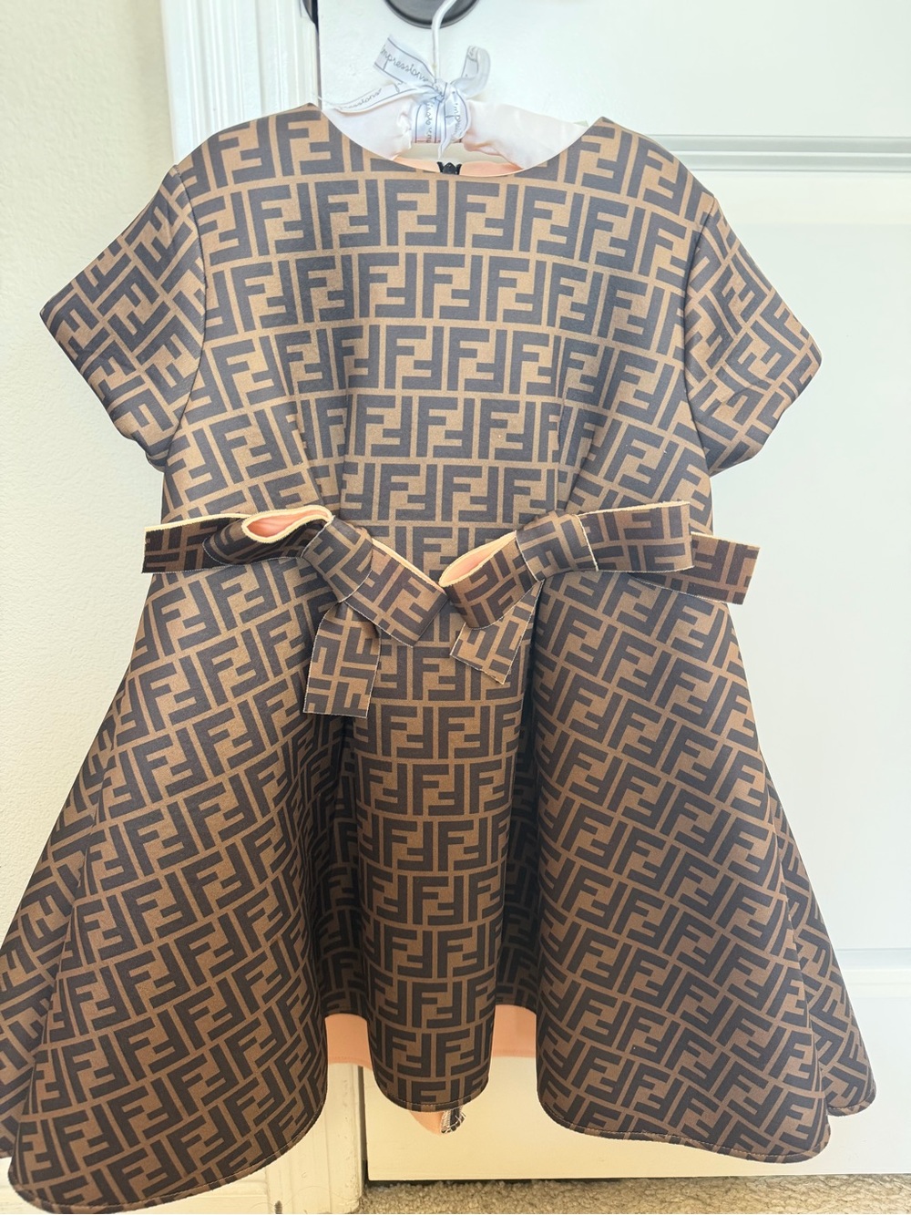 Fendi Kids Brown and Cream Monogram Dress with Bow Detail